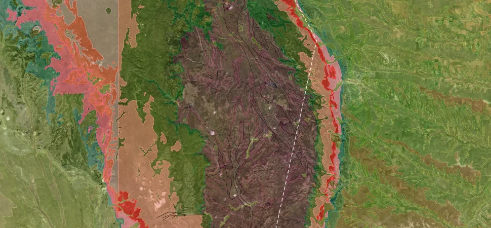 The Black Hills: satellite imagery with Macrostrat's geologic map over it