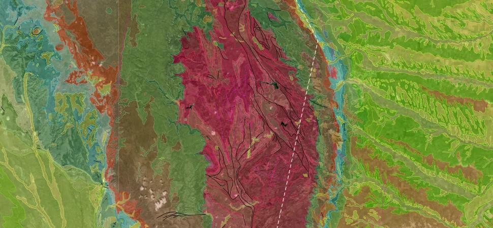 The Black Hills: satellite imagery with Macrostrat's geologic map over it