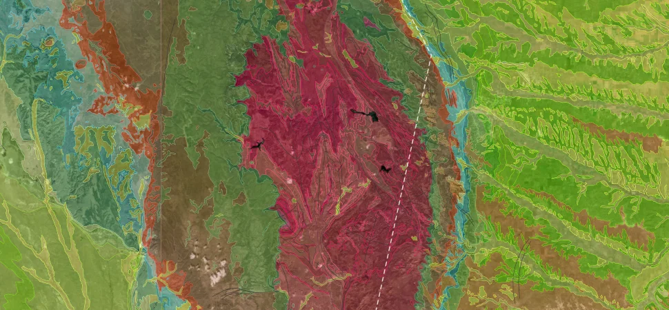 The Black Hills: satellite imagery with Macrostrat's geologic map over it