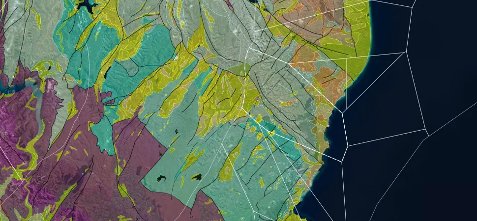 New Zealand: satellite imagery with Macrostrat's geologic map over it